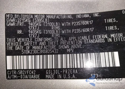 2017 Toyota Sienna Le 8 Passenger z USA, uszkodzony, nr VIN 5TDKZ3DC3HS825432